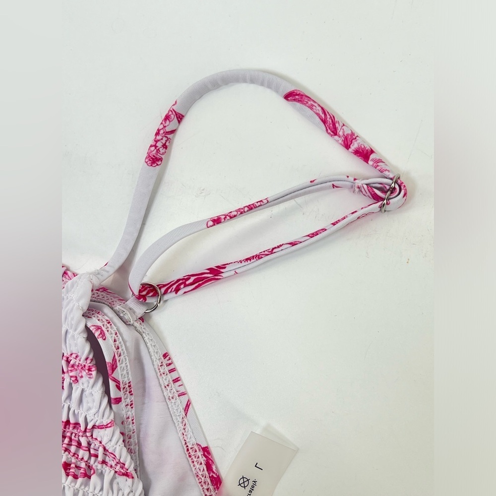 Pink and White Butterfly Print Smocked Two Piece Bikini Underwire Top L Large - Picture 5 of 8